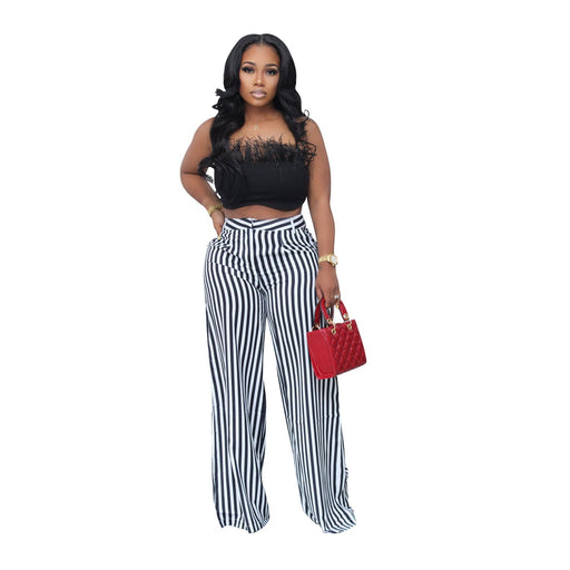 Color-Black-Women Clothing Striped Floral Print Casual Wide Leg Pants Summer Loose Trousers-Fancey Boutique