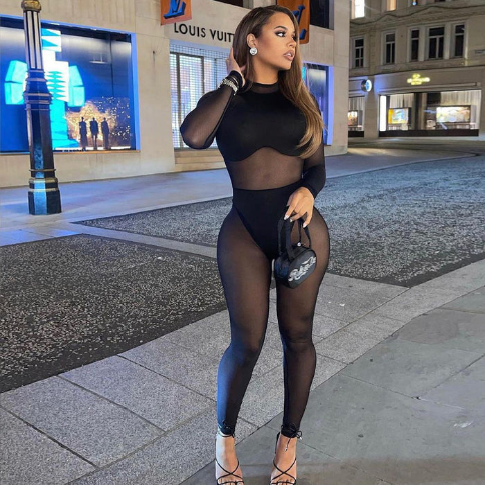 Color-Early Spring Women Sexy Mesh See Through Stitching High Waist Tight Casual One Piece Trousers-Fancey Boutique
