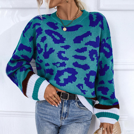 Color-Autumn Winter Round Neck Pullover Sweater Leopard Jacquard Sweater Women-Fancey Boutique