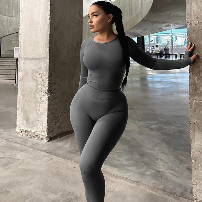 Color-Gray-Women Clothing Summer Long Sleeve Top Slim Fit High Elastic Sports Yoga Pants Suit-Fancey Boutique