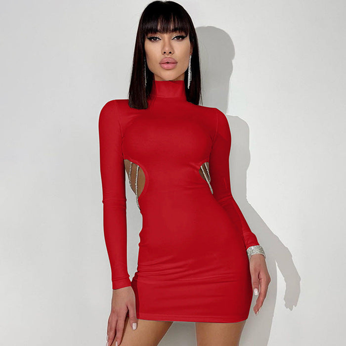 Color-Red-Women Clothing Autumn Sexy Backless Hollow Out Cutout out Chain Slim Fit Long Sleeved Dress-Fancey Boutique