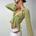 Color-Stringy Selvedge Lace-up Deep V Plunge Plunge neck Long Sleeve Transparent Top Female-Fancey Boutique
