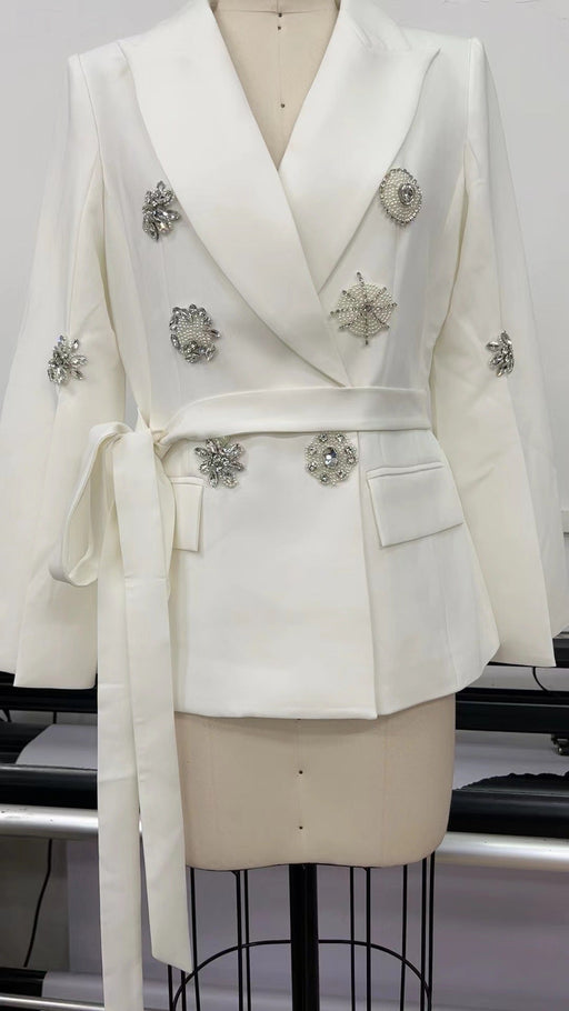 Color-White-Autumn Winter Formal Wear Long Sleeved Diamond Beaded Decorative Blazer with Belt Elegant Office-Fancey Boutique