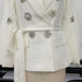 Color-White-Autumn Winter Formal Wear Long Sleeved Diamond Beaded Decorative Blazer with Belt Elegant Office-Fancey Boutique