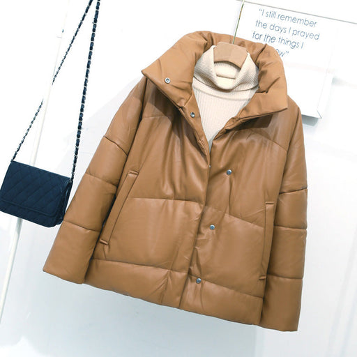 Color-Khaki-Winter Women Faux Leather Coat Single-Breasted Stand Collar Short Leather Coat Slim Jacket-Fancey Boutique