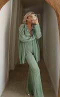 Color-Light Gray Green-Spring Summer Solid Color Texture Loose Slimming Pleated Casual Suit textured-Fancey Boutique