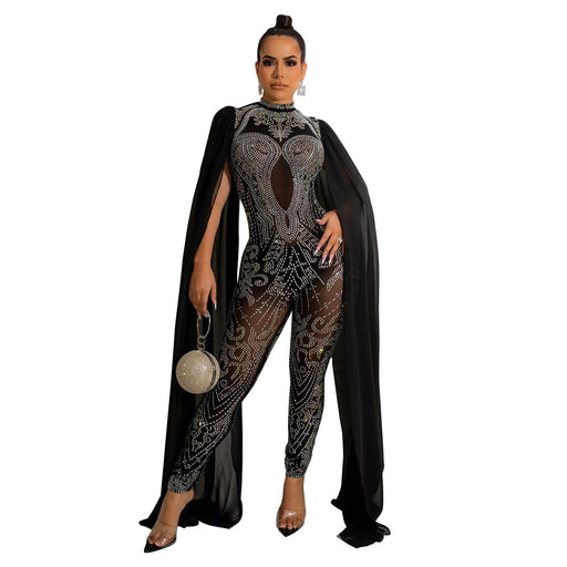 Color-Black-Autumn Winter Women Clothing Sexy Mesh Rhinestone See through Nightclub Jumpsuit Women-Fancey Boutique