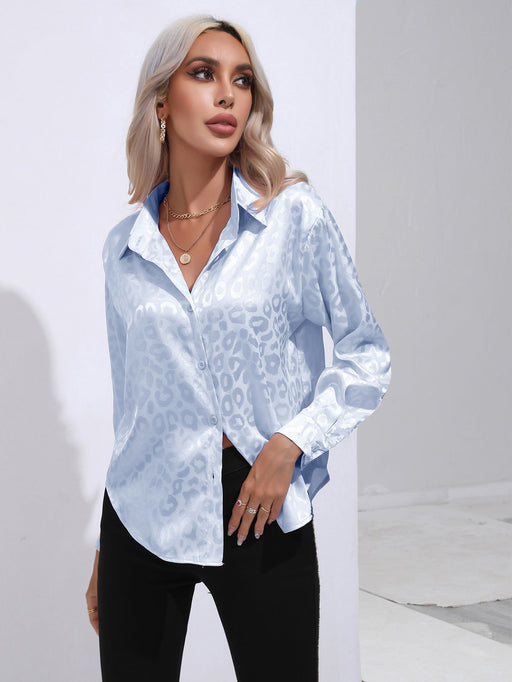 Color-Light Blue-Leopard Print Satin Satin Silk Long Sleeve Shirt Women Clothing-Fancey Boutique