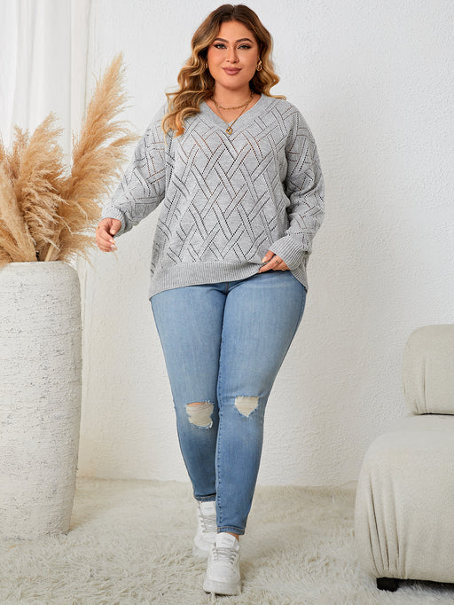 Color-Plus Size Women V neck Pullover Sweater Slightly Casual Long Sleeved Top for Women-Fancey Boutique