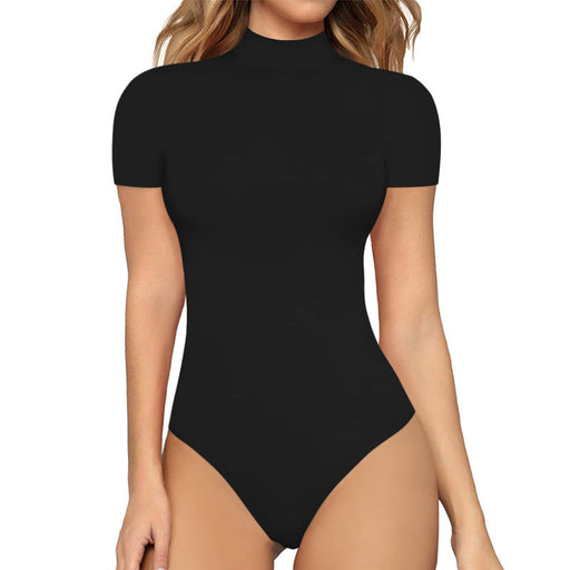 Color-Women Sexy Solid Color Turtleneck Short Sleeve Rompers Close Fitting Union Shapewear-Fancey Boutique