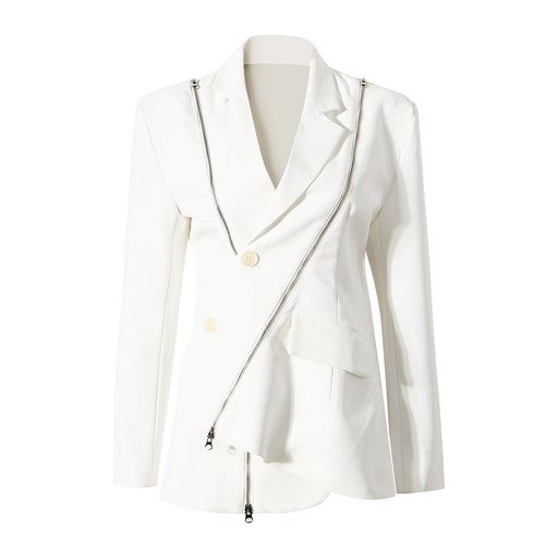 Color-White-Niche Design Dark Blazer Spring Asymmetric Metal Zipper Decorations Long Sleeve-Fancey Boutique