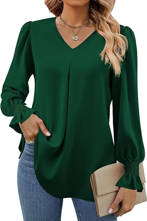 Color-Green-Women Clothing Autumn Winter Solid Color Chiffon Shirt V Neck Pullover Horn Long Sleeve Top Shirt-Fancey Boutique