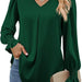 Color-Green-Women Clothing Autumn Winter Solid Color Chiffon Shirt V Neck Pullover Horn Long Sleeve Top Shirt-Fancey Boutique