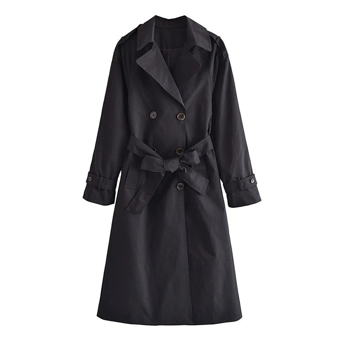 Color-Black-Fall Classic Double-Breasted Large Collared Waist Slimming Extended Trench Coat-Fancey Boutique