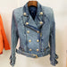 Color-Blue-Women Coat Lion Buckle Slim Double Zipper Oblique Zipper Washed Denim Motorcycle Jacket-Fancey Boutique