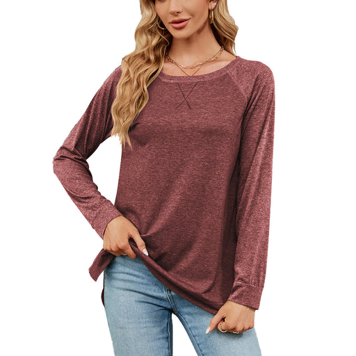 Color-Jujube Red-Autumn Winter round Neck Contrast Color Loose Long-Sleeved T-shirt Split Top Women-Fancey Boutique