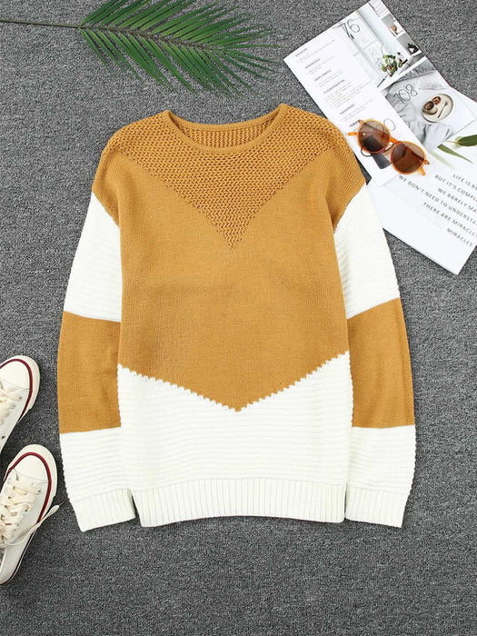 Color-Women Clothing Contrast Color Pullover Autumn Winter Loose round Neck Long Sleeve Top Women-Fancey Boutique