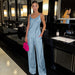 Color-Blue-Summer Satin Ladies Two Piece Set Pajamas Sexy Suspender Trousers Home Wear Outerwear-Fancey Boutique