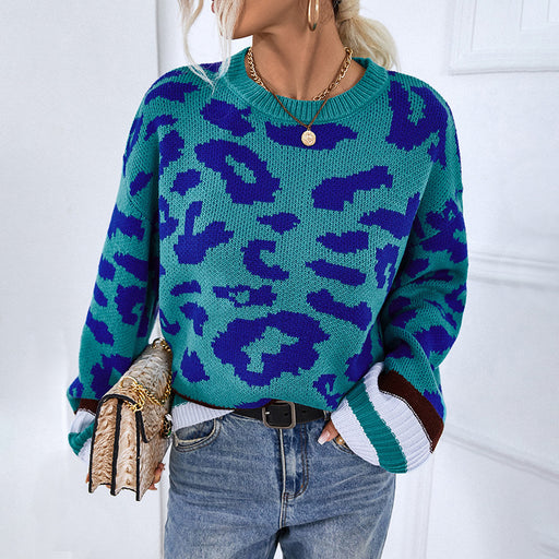 Color-Autumn Winter Round Neck Pullover Sweater Leopard Jacquard Sweater Women-Fancey Boutique