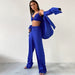 Color-royal blue-Strap Wooden Ear Sexy Underwear Long Sleeve Polo Collar Top Three Piece Set Artificial Silk Home Women Pajamas-Fancey Boutique