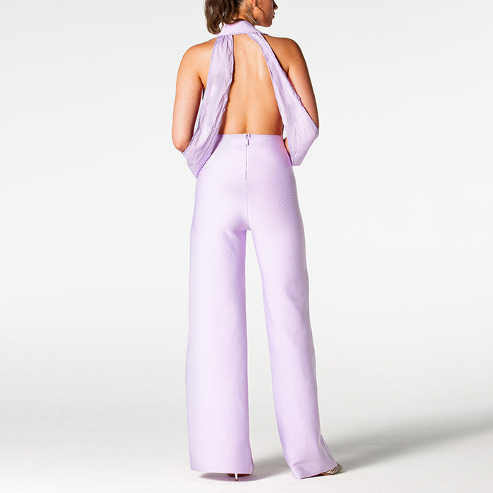Color-Women Summer Backless Halter V neck Slimming Backless Slit Jumpsuit-Fancey Boutique