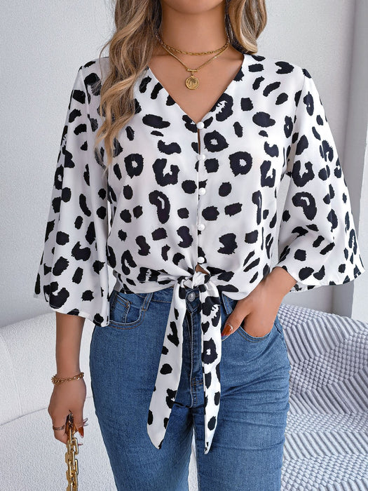 Color-Spring Summer Casual Leopard Print Self Tie Chiffon Shirt Top Women Clothing-Fancey Boutique