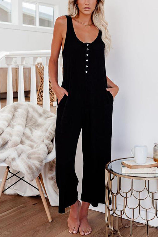 Color-Black-Summer Casual Women Cotton Pocket Solid Color Buttons Mid Waist Casual Jumpsuit-Fancey Boutique