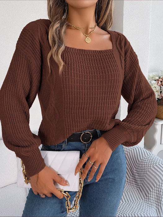 Color-Coffee-Autumn Winter Casual Solid Color Square Collar Twist Lantern Sleeve Knitted Pullover Sweater Women Clothing-Fancey Boutique
