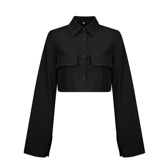 Color-Black-Autumn Shirt Solid Color Pocket Short Office Top Women-Fancey Boutique