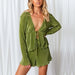 Color-Green-Women Long Sleeve Shorts Fashion Casual Set Sexy V-neck Pleated Wide Leg Shorts Sun Protection Spring Summer-Fancey Boutique
