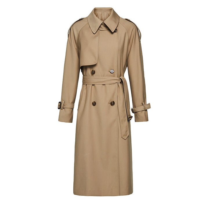 Color-Khaki-Element Autumn Winter British Double Breasted Loose Drooping Extended Trench Coat for Women-Fancey Boutique