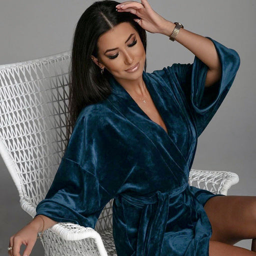 Color-Blue-Fall Home Wear Crystal Velvet Deep V Plunge Plunge Sexy 3/4 Sleeve Nightgown Comfortable Bathrobe Warm Women Pajamas-Fancey Boutique