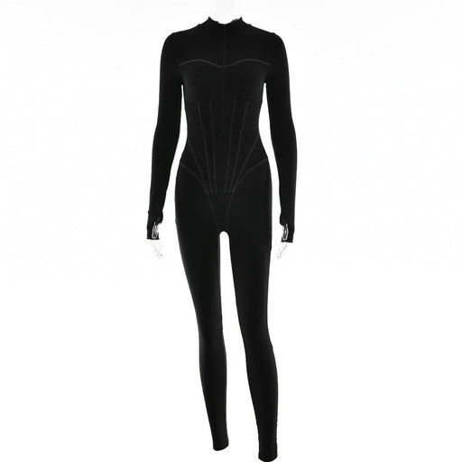 Color-Black-Women Clothing Sexy Tight Zipper Jumpsuit Autumn Long Sleeve round Neck Leggings-Fancey Boutique