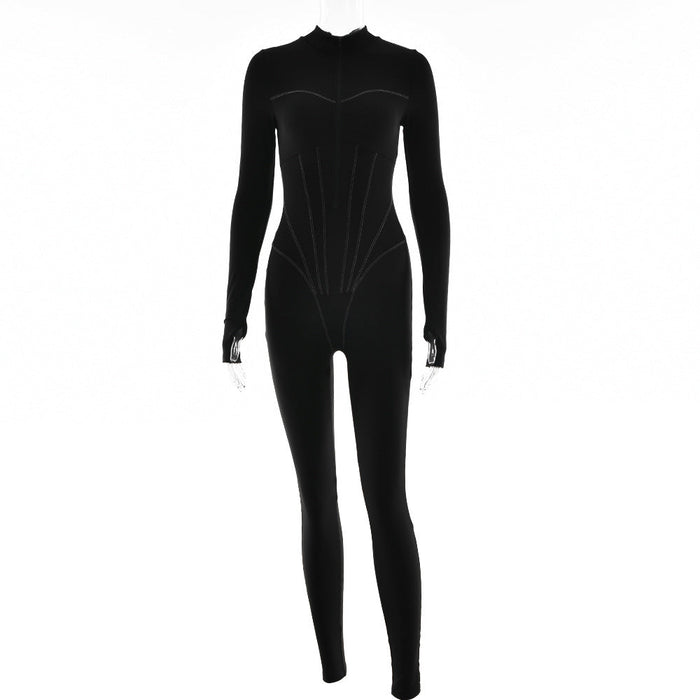 Color-Black-Women Clothing Sexy Tight Zipper Jumpsuit Autumn Long Sleeve round Neck Leggings-Fancey Boutique