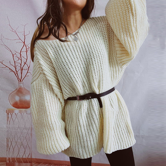Color-Autumn Winter Loose Solid Color off Neck Thickened with Belt Knitted Sweater Dress-Fancey Boutique