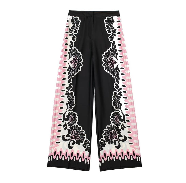 Color-Pants-Women Clothing French Floral Print Vertical Shirt Straight Leg Pants-Fancey Boutique