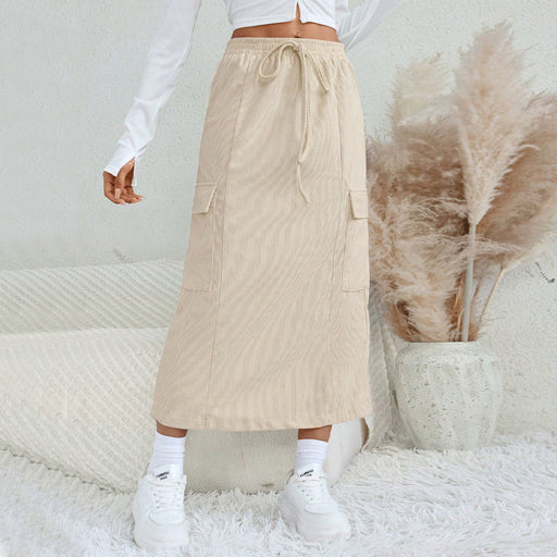 Color-Women Clothing Autumn Winter Loose Casual Straight Leg Split Long Skirt Drawstring Workwear Skirt-Fancey Boutique