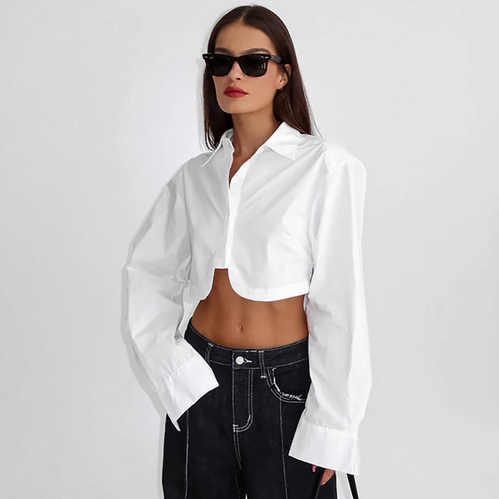 Color-White Collared Sexy Bare Cropped Slim Fit Long Sleeve Shirt Autumn Women Clothing Top-Fancey Boutique