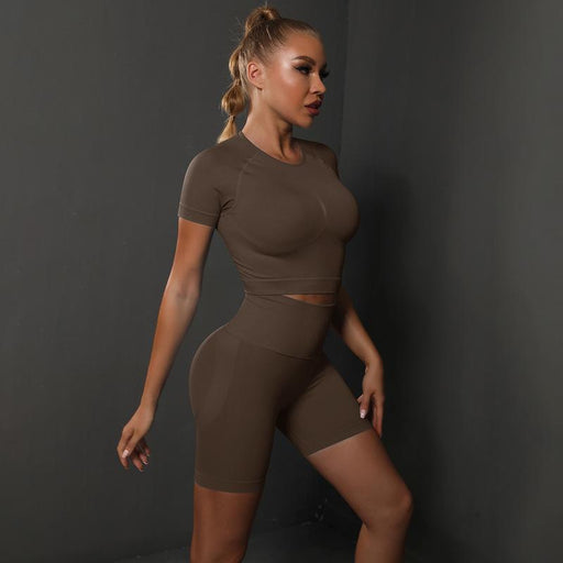 Color-Brown-Summer Seamless Peach Hip Solid Color High Elastic Yoga Short Sleeve Shorts Suit Running Sports Fitness Two Piece Suit-Fancey Boutique