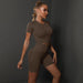 Color-Brown-Summer Seamless Peach Hip Solid Color High Elastic Yoga Short Sleeve Shorts Suit Running Sports Fitness Two Piece Suit-Fancey Boutique