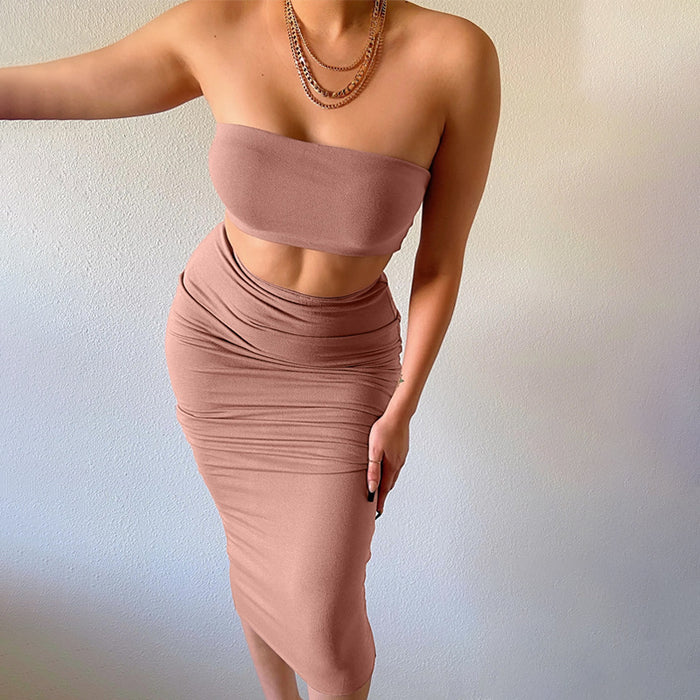 Color-New Women Clothing Sexy Bandeau cropped Two-Piece Street Tight Skirt Set Summer-Fancey Boutique