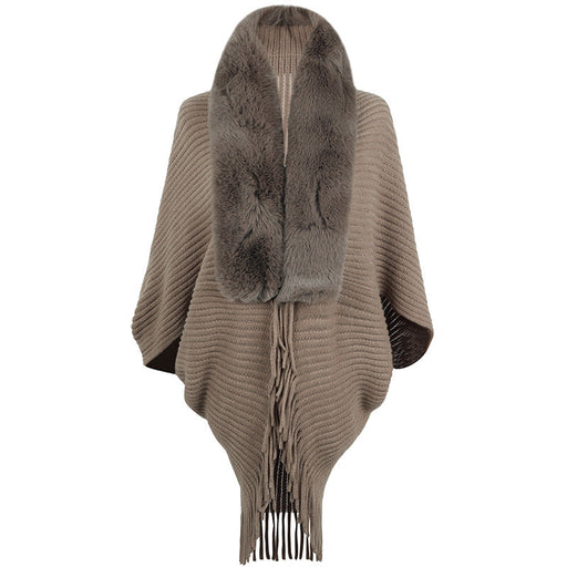 Color-Brown-Autumn Winter Fur Collar Tassel Shawl Women Knitted Cape Coat-Fancey Boutique