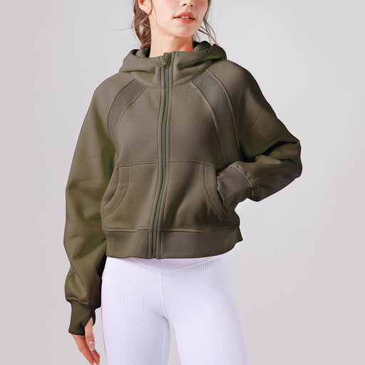 Color-Army Green-Autumn Winter Yoga Wear Hooded Sweater Thick Loose Casual Full Zipper Sports Jacket Women Workout Clothes-Fancey Boutique