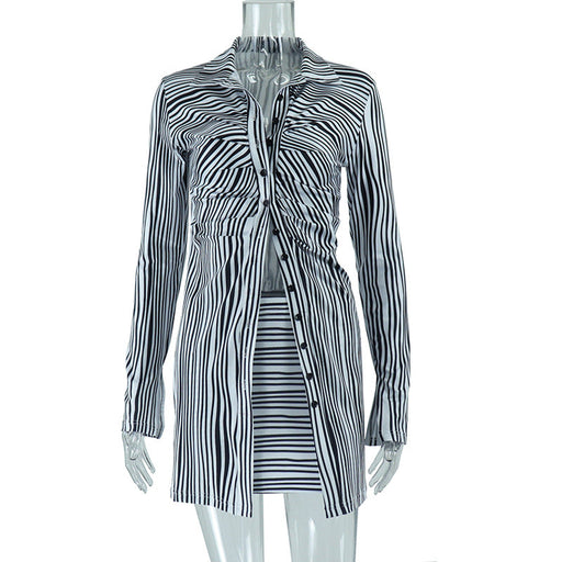 Color-Stripe-Women Clothing Polo Collar Striped Single Breasted Shirt Misty Short Chic Suit-Fancey Boutique