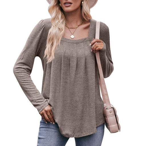 Color-Khaki-Women Autumn Winter Casual Square Collar Pleated Long Sleeve T shirt-Fancey Boutique
