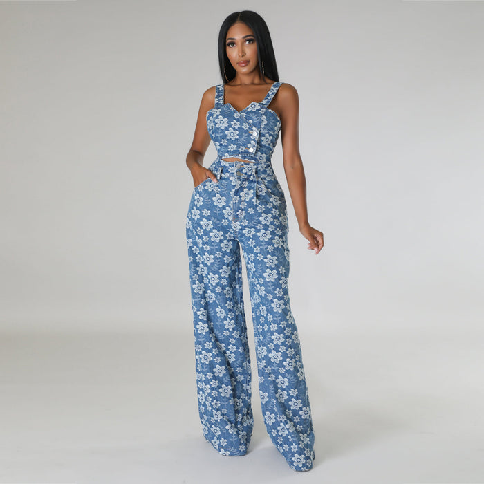 Color-Autumn Winter Women Clothing Denim Jacquard Suit Nightclub Wrapped Top Wide Leg Pants Suit-Fancey Boutique