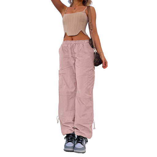 Color-Pink-Women Clothing Loose Tied Multi Bag Straight Stretch Workwear Casual Pants-Fancey Boutique
