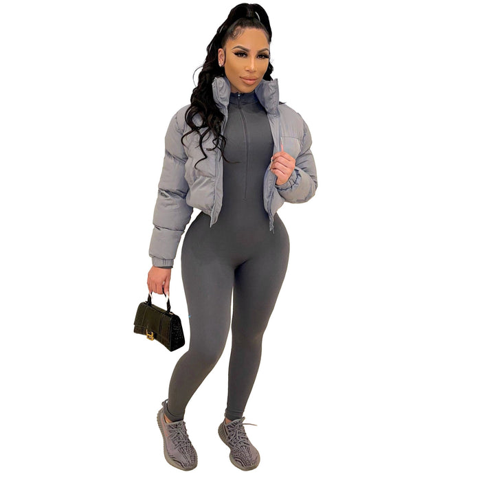 Color-Gray-Fall Winter Women Cotton Clothes Short Women Cotton Padded Clothes Jacket-Fancey Boutique