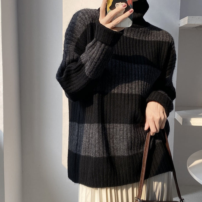 Color-Autumn Winter Thickened Warm Striped Turtleneck Long Sleeve Knitted Contrast Color Pullover Sweater-Fancey Boutique