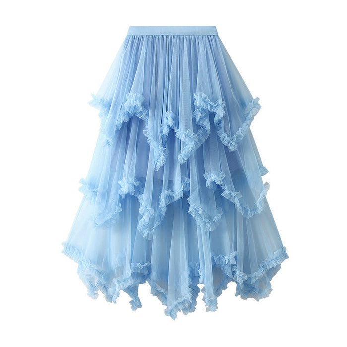 Color-skyblue-Wooden Ear Irregular Asymmetric Mesh Tiered Skirt Mid Length High Waist Big Swing Puffy Fairy Gauze Dress Long Skirt-Fancey Boutique